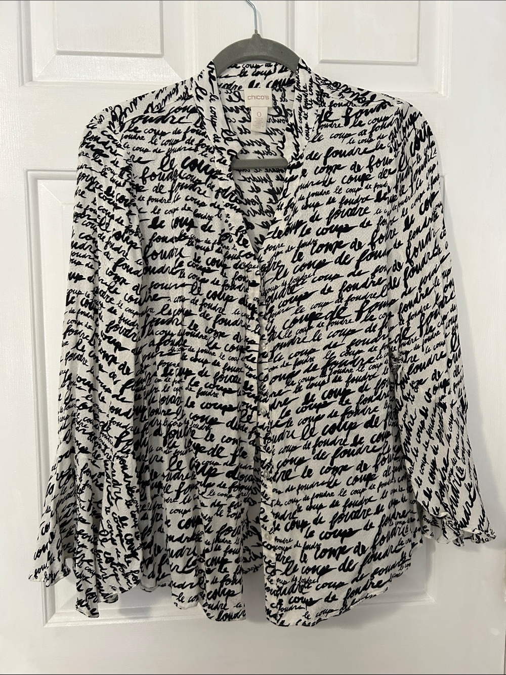 Chico's Black Script on White Button-Front Blouse